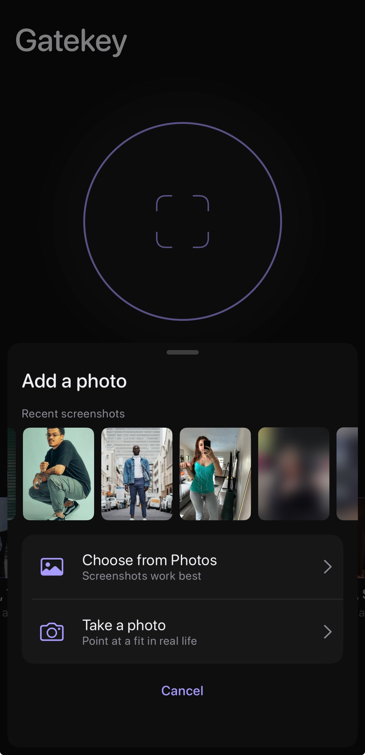 Gatekey's Add a photo sheet: a row of recent screenshots above Choose from Photos and Take a photo.