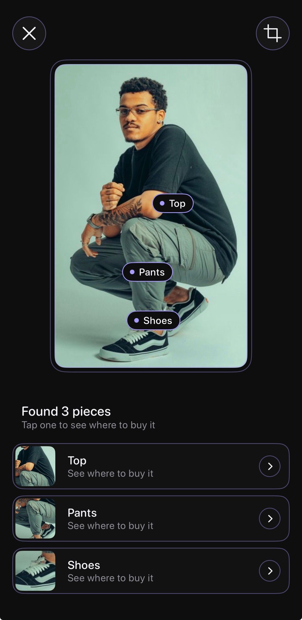 Gatekey showing three pieces found on the same photo, top, pants and shoes, each with a See where to buy it row.