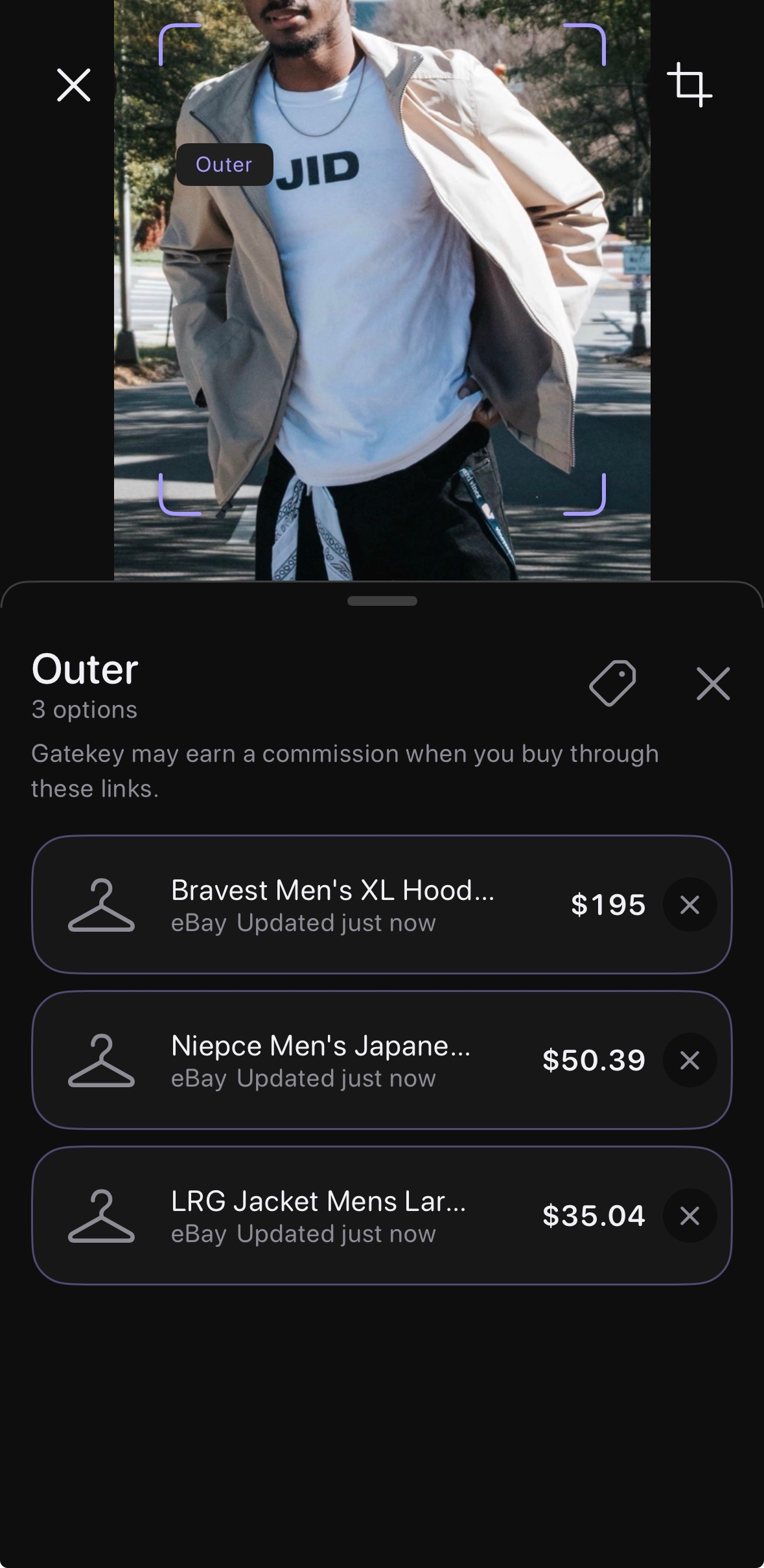 Gatekey results for a cream jacket: three options from $35 to $195 on eBay.