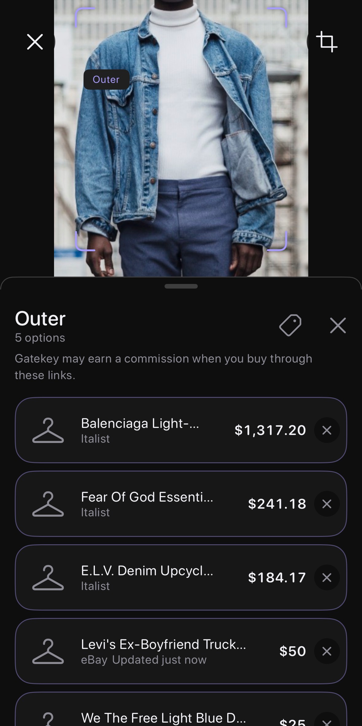 Gatekey results for a denim jacket: five options from $25 to $1,317 across Italist and eBay.
