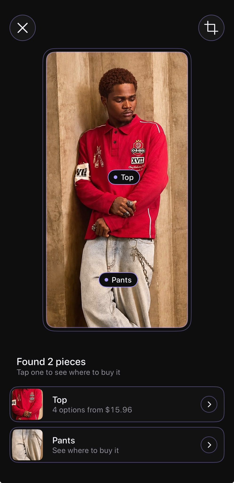 Gatekey showing two pieces found on a photo of a man in a red polo and light-wash jeans: top and pants.