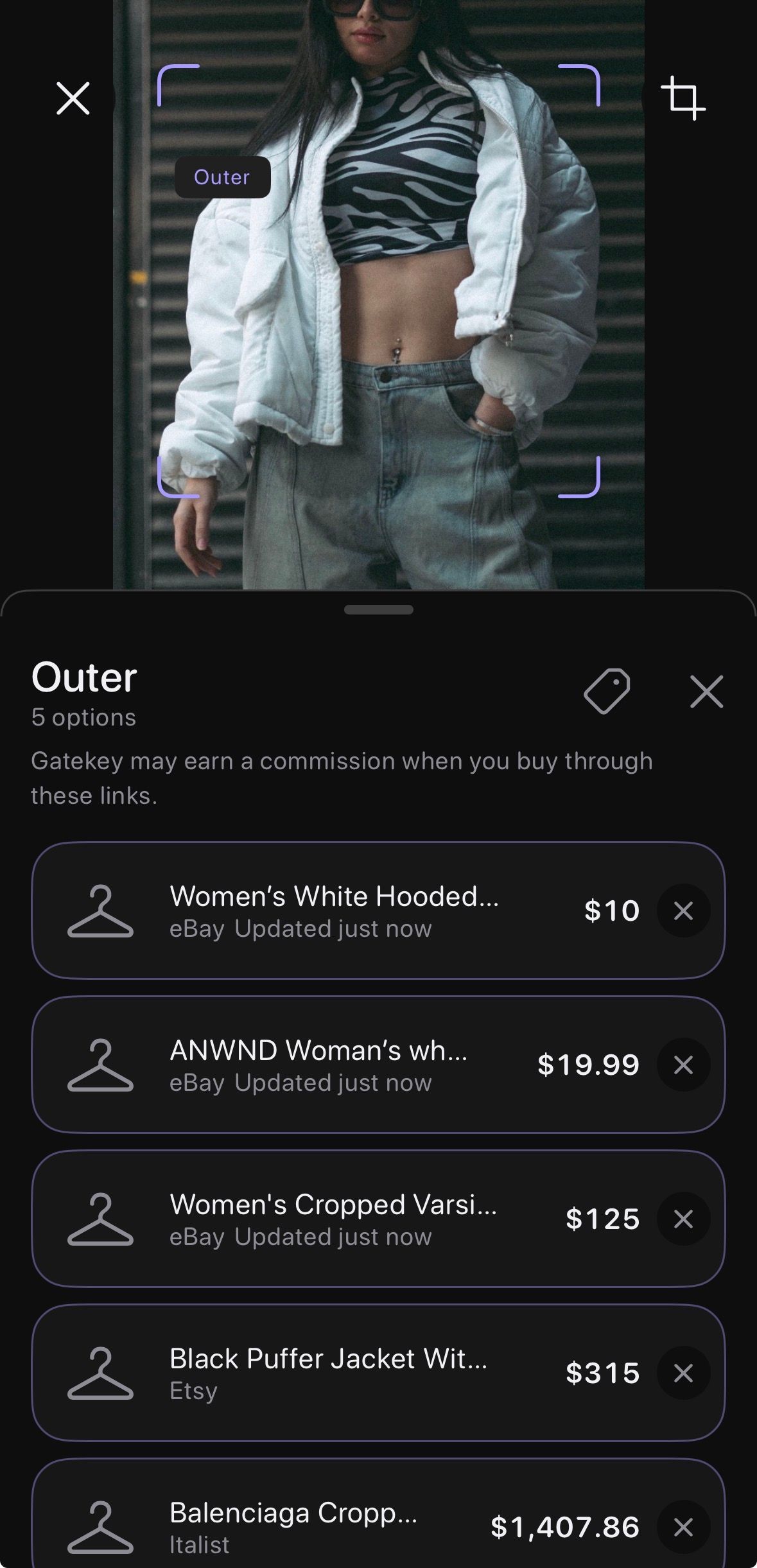 Gatekey results for a white puffer jacket: five options from $10 to $1,407 across eBay, Etsy and Italist.